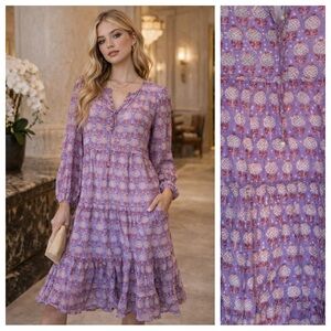 Oliphant NYC Boho Tiered Mini Dress Purple Print Kerala Lavender 25182